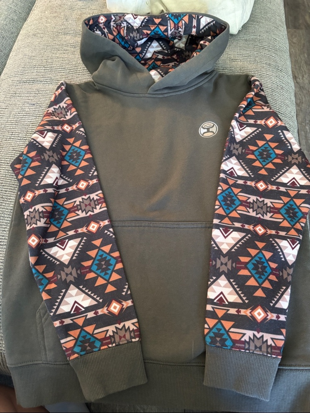 Hooey Olive Green Hoodie with Aztec Patterned Sleeves